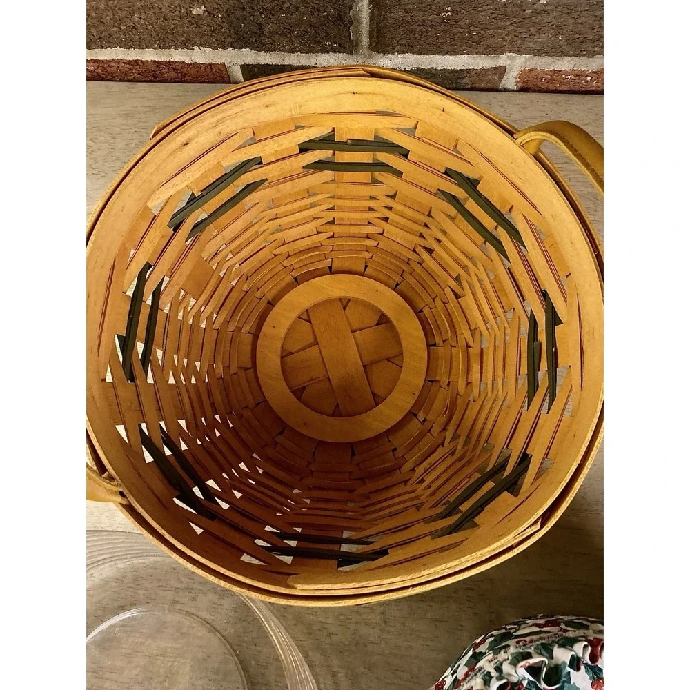 1999 Popcorn ~ Longaberger Green Basket w/ Leather Handles ~ Liner & Protector